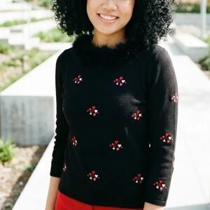 Black with Hearts Fur Neckline Sweater size S
